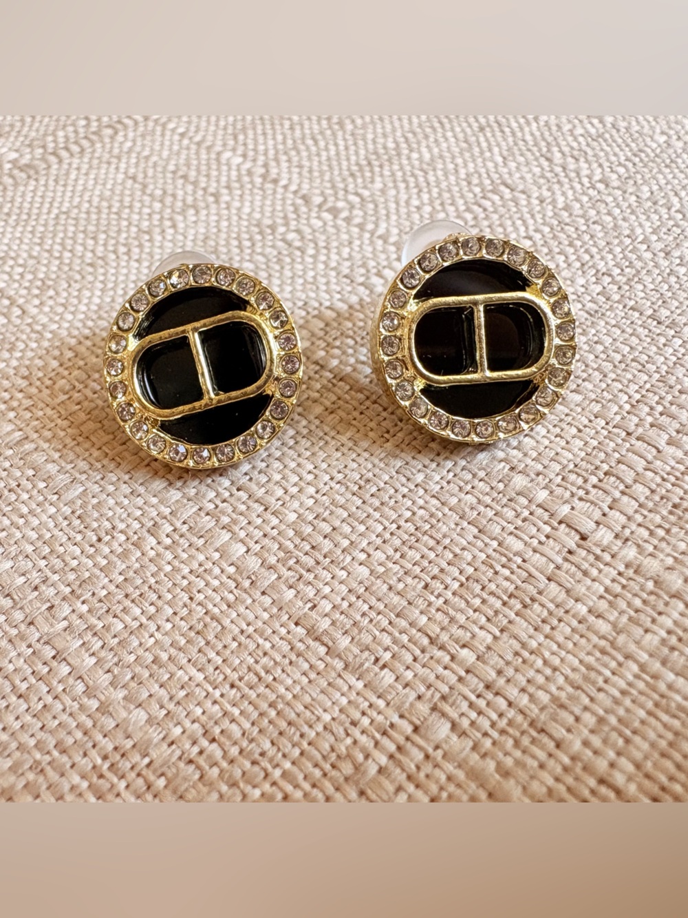 Dior Gold-Tone and Black Crystal Round Logo Stud Earrings
